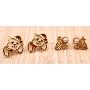 Holiday Earrings Set Enamel Cat Santa Hat Angel Pearls Gold Tone Stud Pierce Vtg